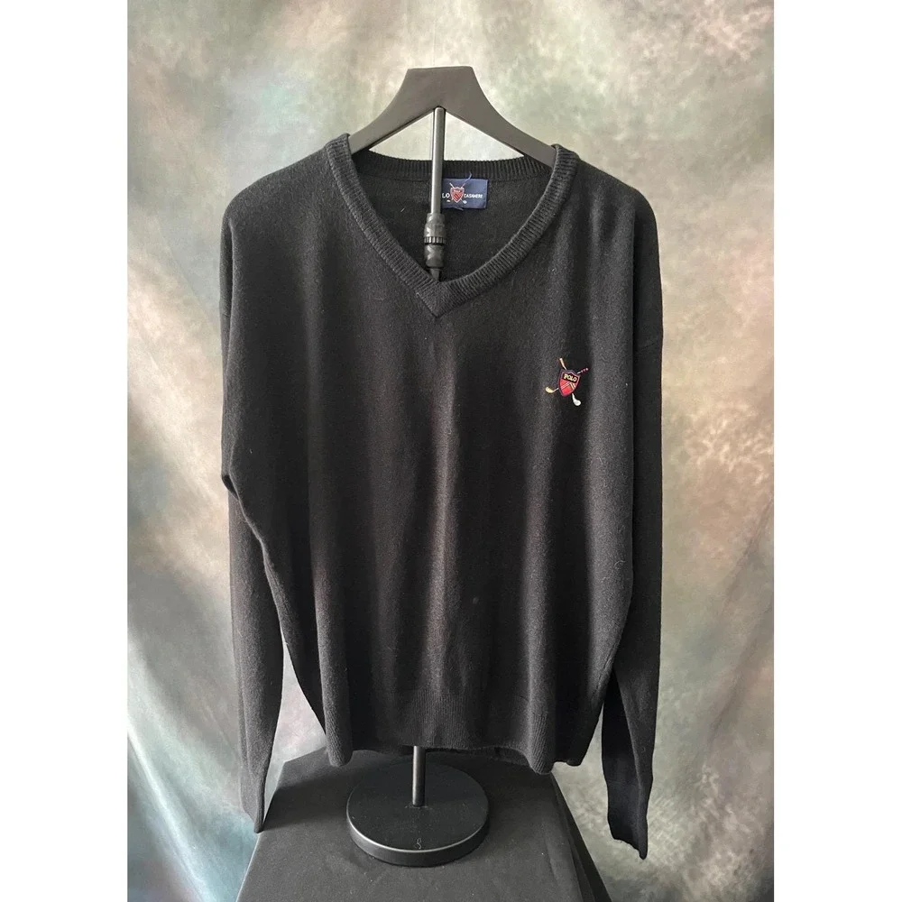 Polo Ralph Lauren Vintage 100% Cashmere Golf Sweater Mens XL V Neck Embroidered